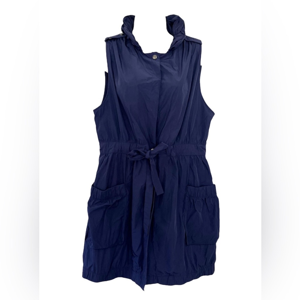 Banana Republic woman's blue sleeveless long belted jacket.